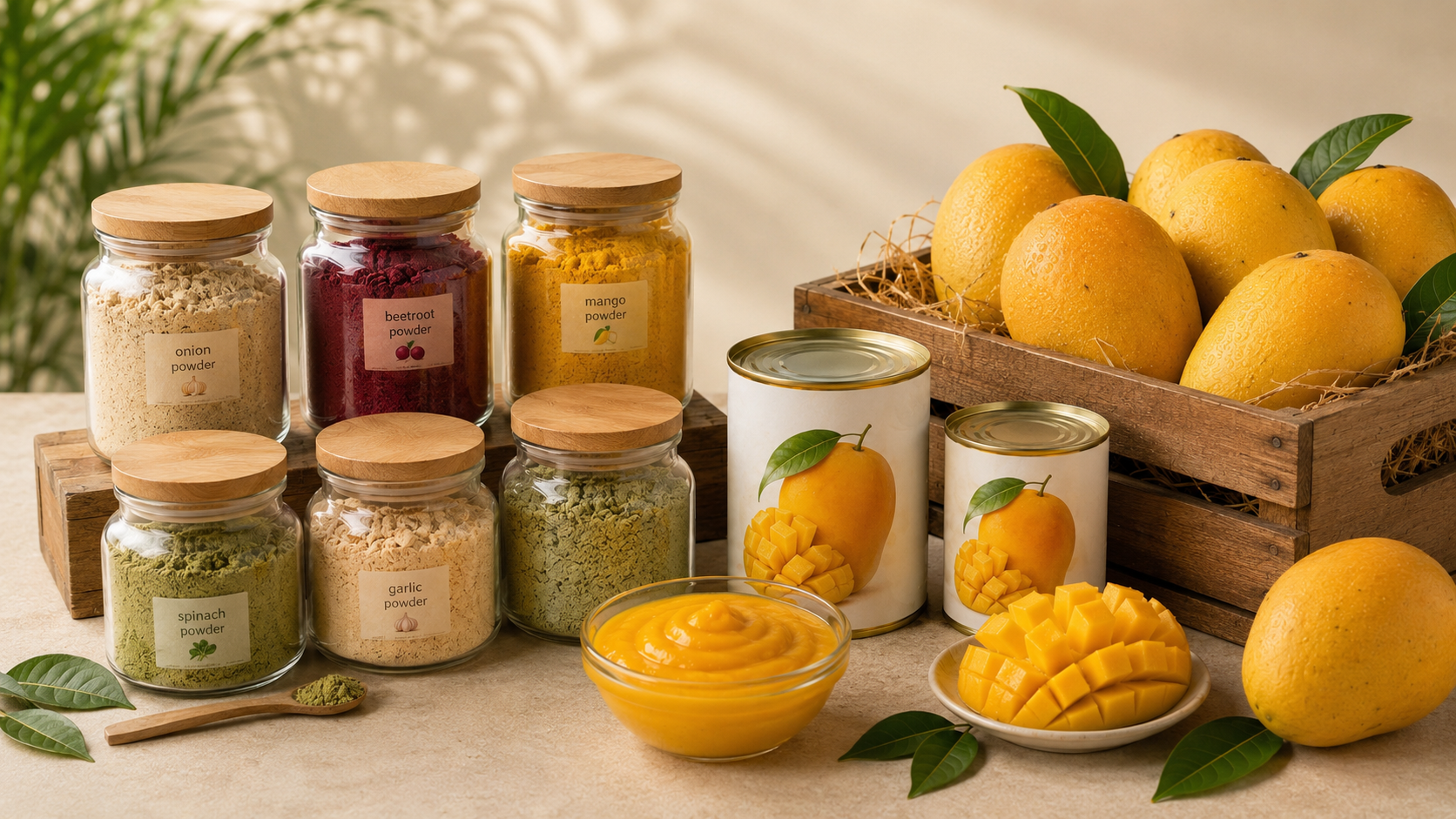 Premium Alphonso mangoes, mango pulp, and dehydrated powder jars arranged on a wooden surface — Cronus GlobalTrade agricultural exports